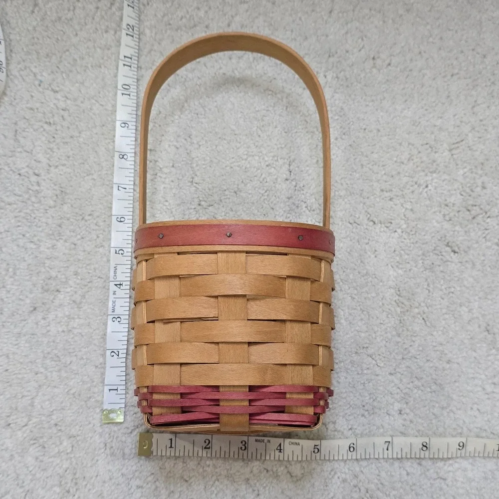 Vintage Workshops of Gerald E Henn Handwoven Wood Basket Red Trim Small Accent